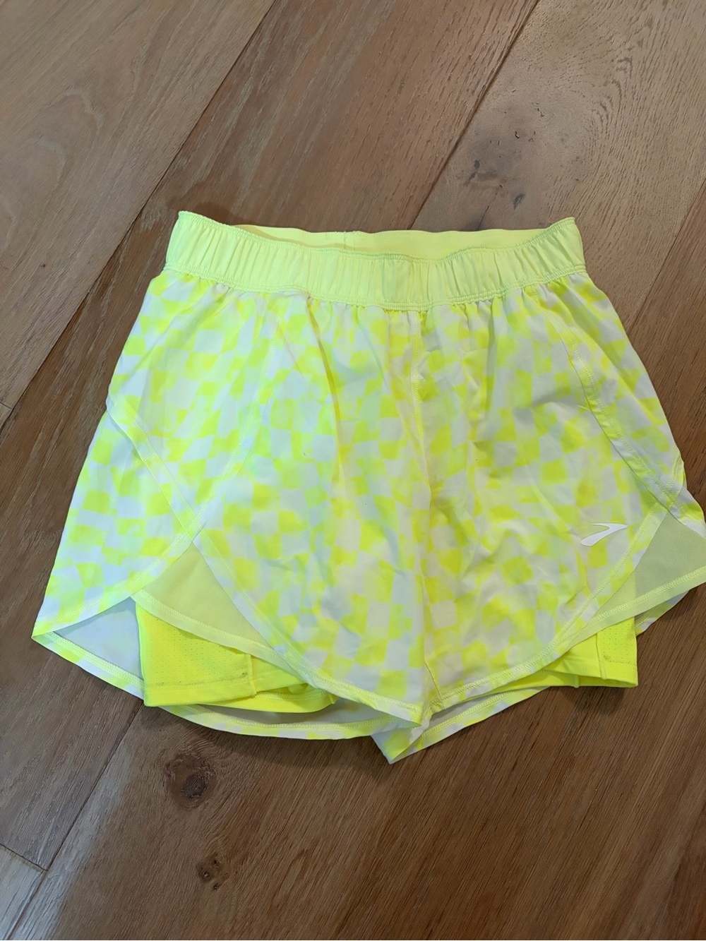Brooks Neon Yellow Check Running Shorts